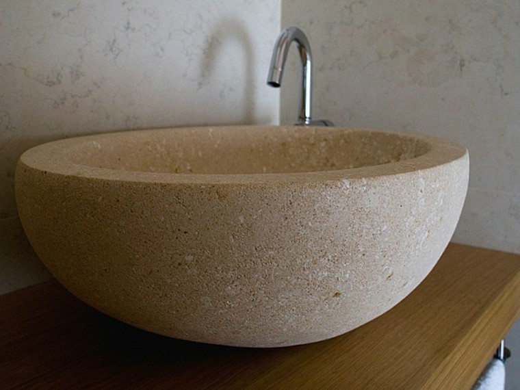 design fürdőszoba mosogató természetes kő modern belső fa munkalap