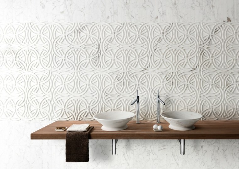 modern design trend fürdőszoba fa munkalap fal márvány mosdó