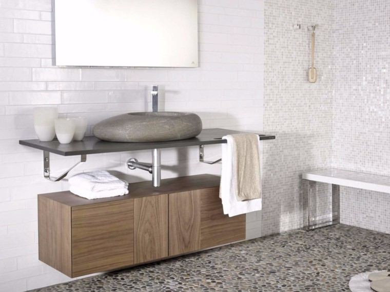 modern fürdőszoba design kő mosdó fa szekrény fürdőszoba